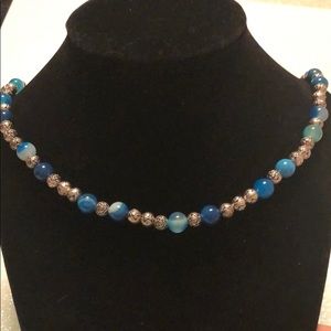 Silver and turquoise glass bead necklace